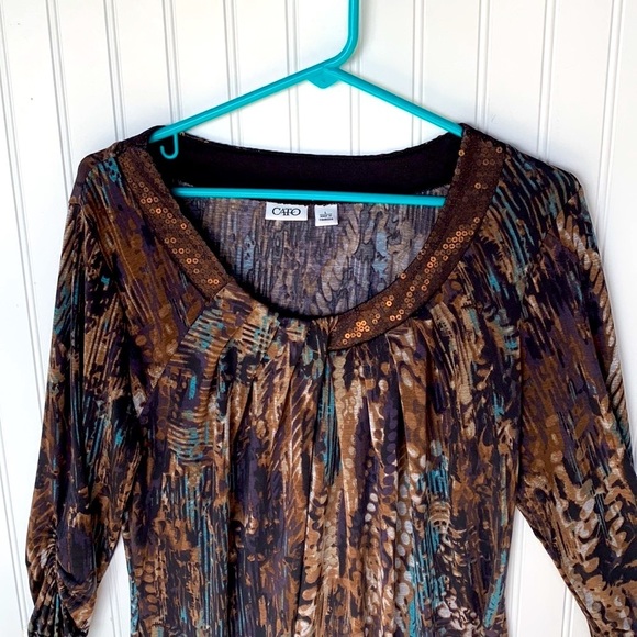Cato BROWN TEAL BLACK COLOR LONG SLEEVE ROUND NECK BLOUSE RUCHED SLEEVES LARGE - Picture 2 of 10